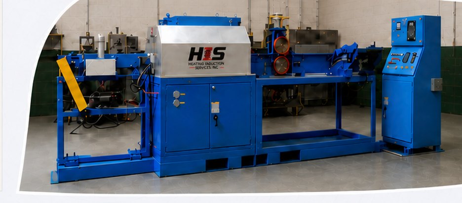 Complete induction forging line with elevated platform, conveyor and control cabinets