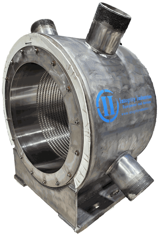 Stainless quench barrel assembly with perforated inner liner, bolted flange and three threaded nozzles